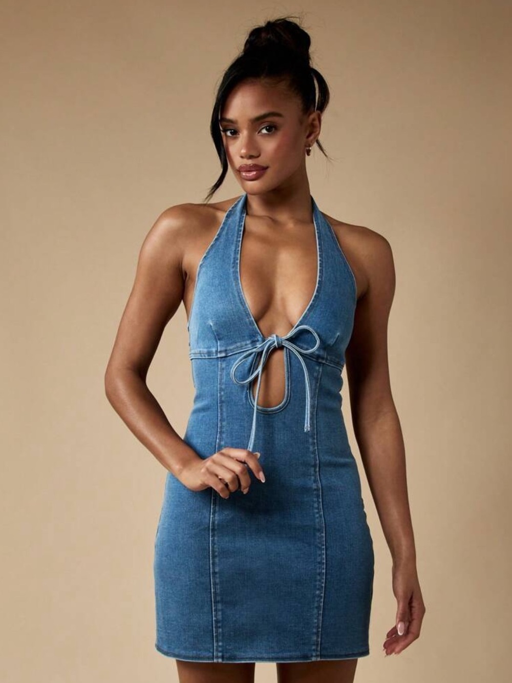 Missguided Blue Denim Halter Tie-Front Mini Dress